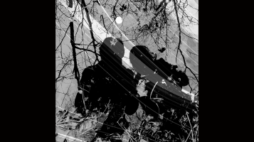 An abstract photograph of two figures, reflected in water with trees and the sun behind them as black silhouettes