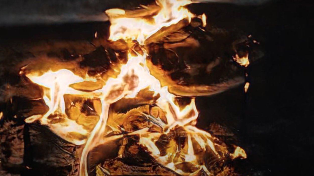 burning logs seen up close, a still from The Journey