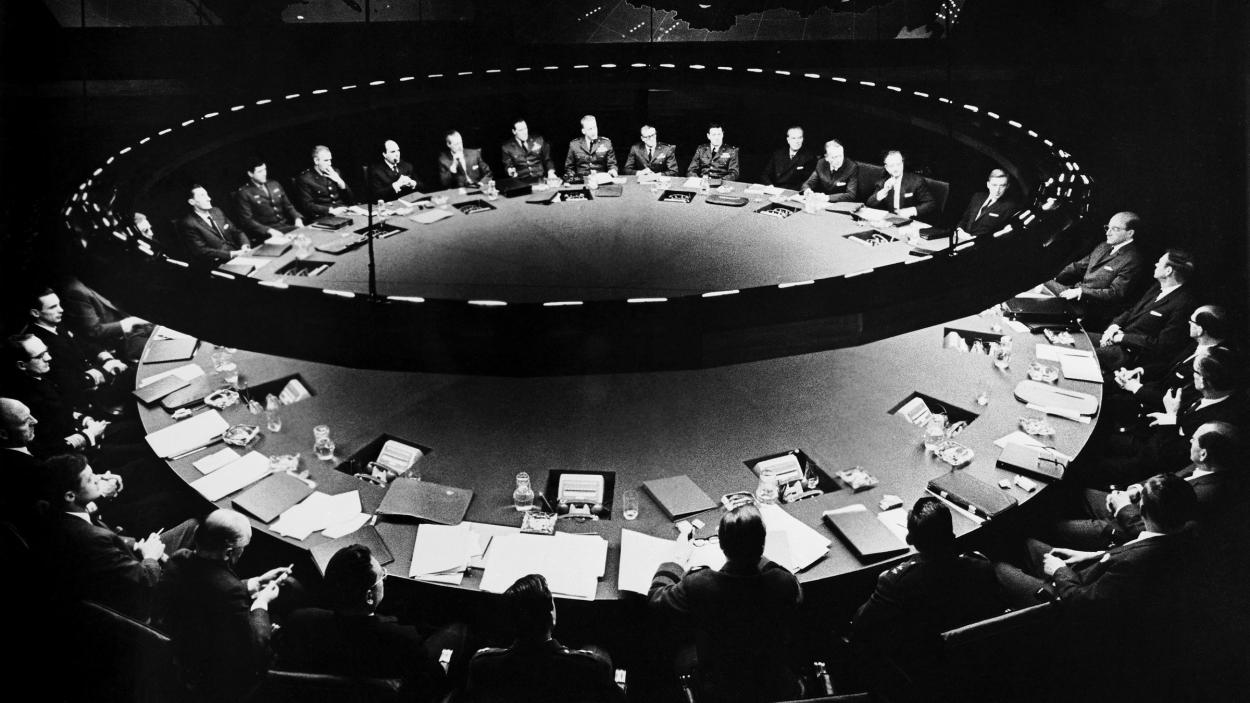 A screenshot from Dr. Strangelove or: How I Learned to Stop Worrying and Love the Bomb