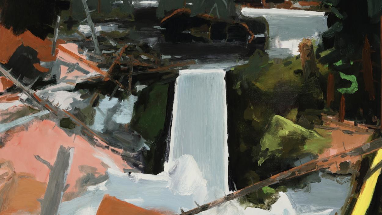 an abstract oil painting of a small waterfall