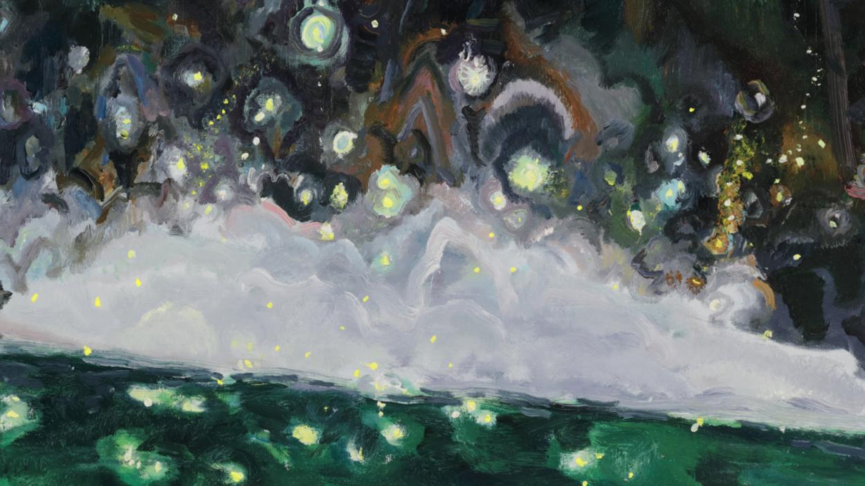 Abstract oil painting of mist and fireflies reflecting on the water
