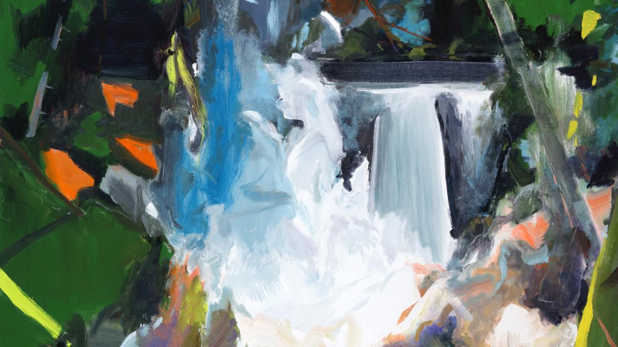 Abstract painting of waterfall w/ vibrant hits of color