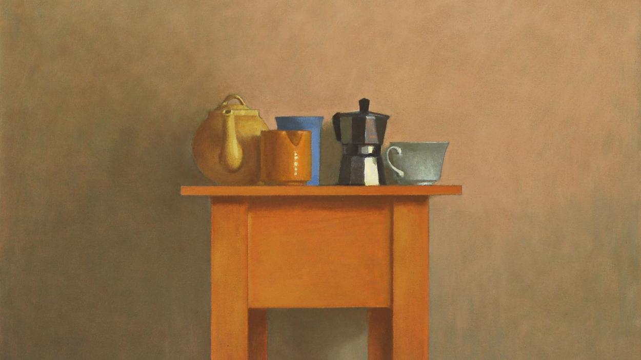 a still life painting of a group of teapots and mugs sitting on a small wooden table against a beige wall