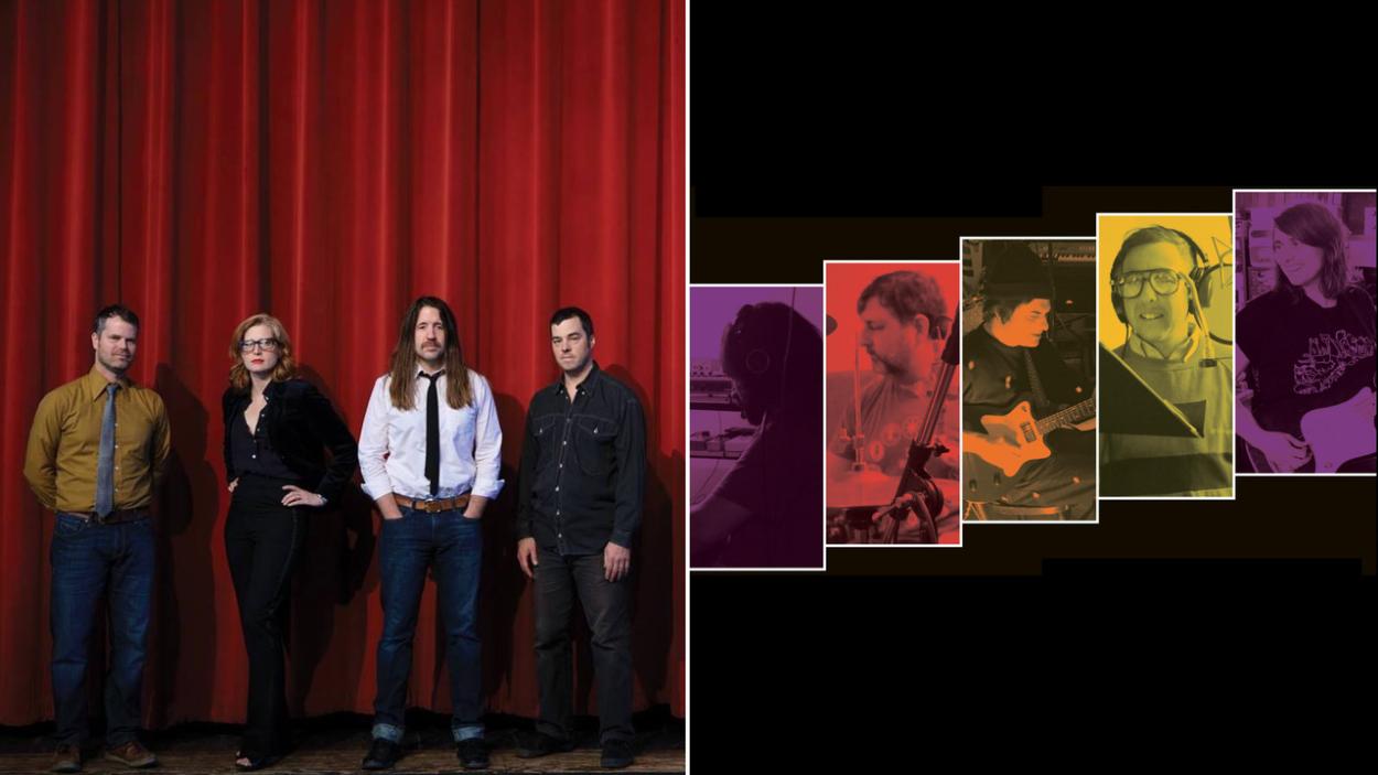 On the left half of the image three men and a woman stand in front of a red velvet curtain. On the right half of the image ascending rectangular images of men and women holding musical instruments or singing with purple, red, orange, and yellow color washes float on a black background.