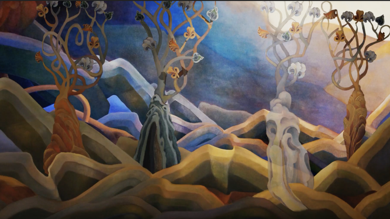 A still from an animated video with geometric stylized olive green and purple rolling hills, punctuated by flowering trees in shades of grey and brown against a purple and indigo sky.