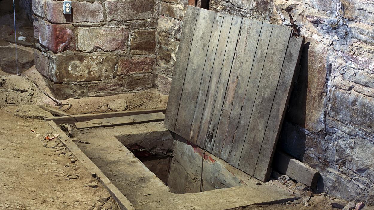 A photograph of a weatherbeaten wood trap door open with a stone tunnel surrounded by a dirt floor below