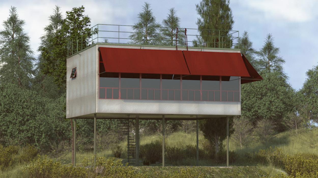 A photograph of a small, white modern building, a rectangle raised above the ground on thin metal legs, with one side of windows with a maroon awning above. Evergreen trees and a blue sky dotted with clouds in the background.