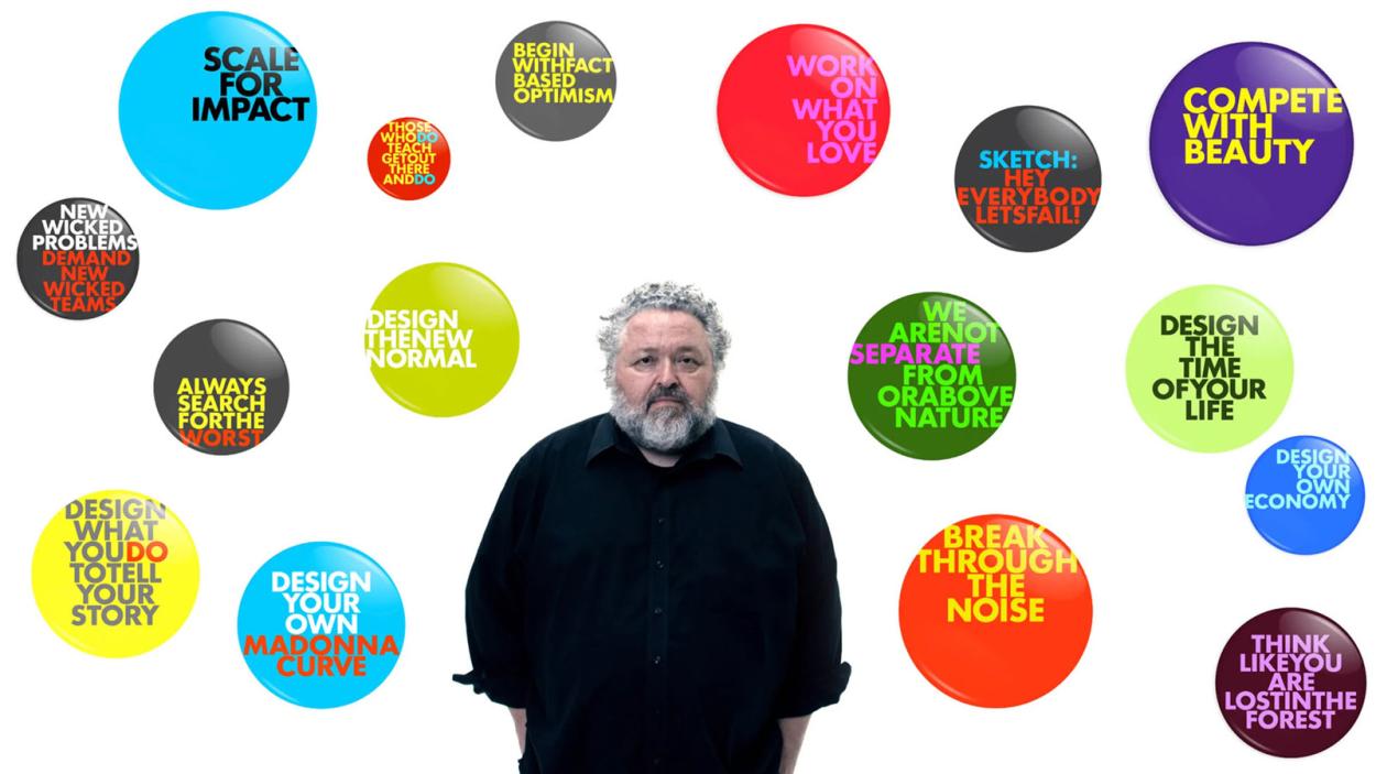a light skinned man with grey curly hair and a bread wearing a black shirt against a white backdrop with large brightly colored buttons with text arranged around him