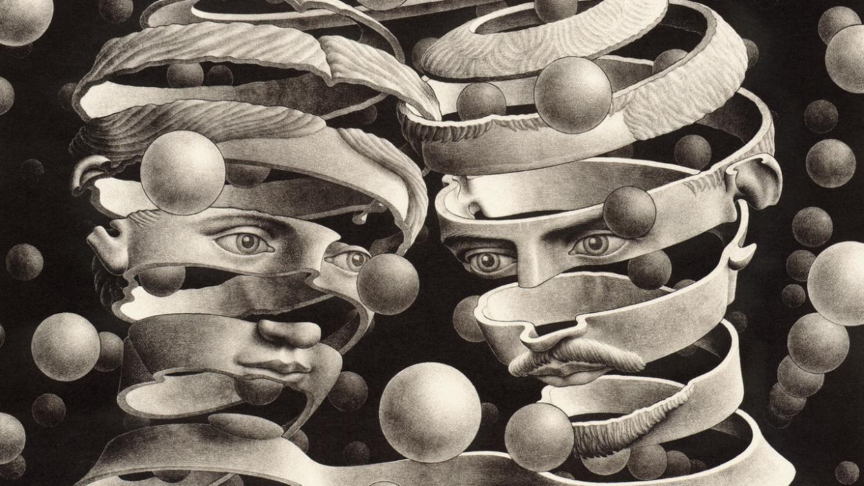 A black and white lithograph of two peoples faces created from one spiral of ribbon, with spherical bubbles floating all around them