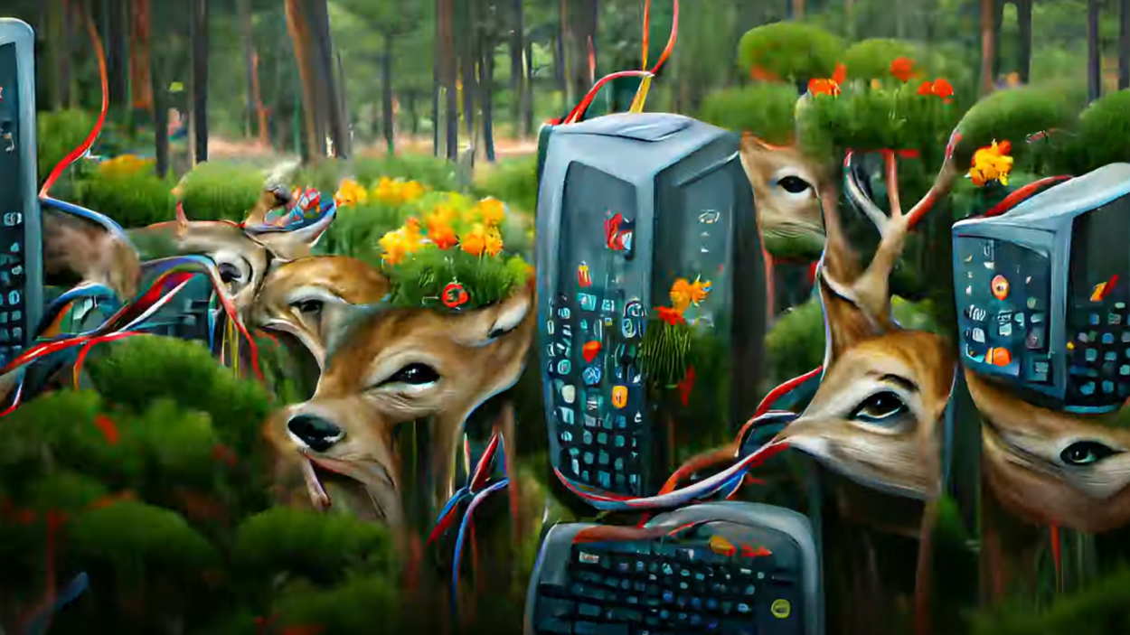 screen_shot_2022-10-27_at_1.33.01_pm.png a screenshot of an animated video with a verdant forest filled with deer with distorted faces that are melding with grey computer like machines with multi-colored buttons