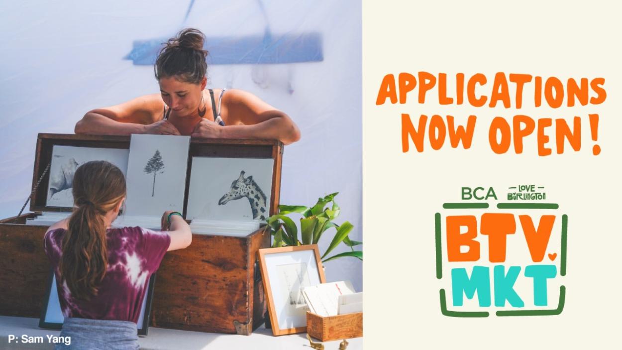 thumbnail_btvmkt_appsopen1_1600x900.jpg A light skinned woman with brown hair leans over a display of pen and ink drawings as a young girl wearing a dark purple tie dye t-shirt browses through them. Applications now open, BTV Market.