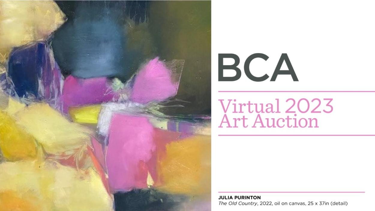 BCA Virtual 2022 Art Auction, and a painting of a geometric arrangement of purple, teal, blue, and red circles on an orange and yellow ombre background 