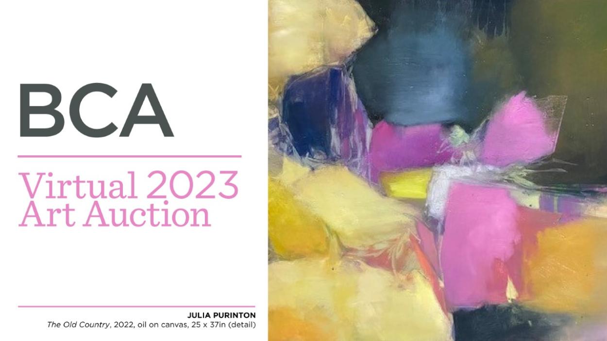 BCA Virtual 2023 Art Auction Julia Purinton, The Old Country, 2022, Oil on canvas alongside an image of an abstract painting with smudge-y organic blocks of saffron, olive green, dark blue gray, and light fuschia