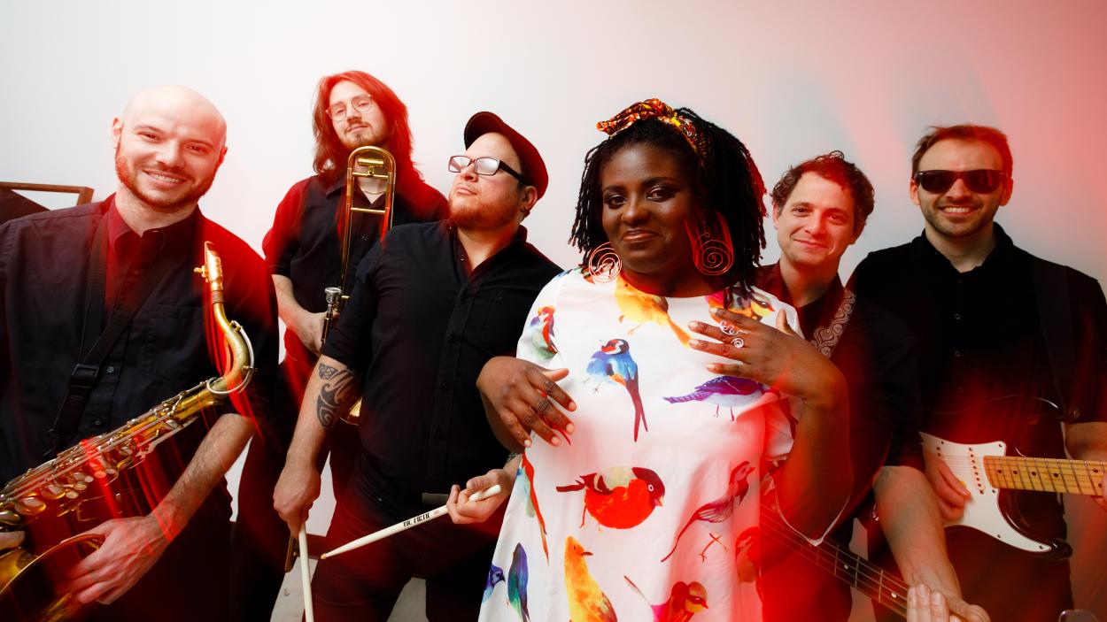 The Big Takeover - CaitlinnMahar-DanielsHudsonValleyPhotographer-0155.jpg A dark skinned woman wearing a white dress patterned with colorful birds stand in front of five light skinned men wearing black. One man holds a saxophone, one drum sticks, and one a guitar. The image is slightly warped from a time lapse with red streaks