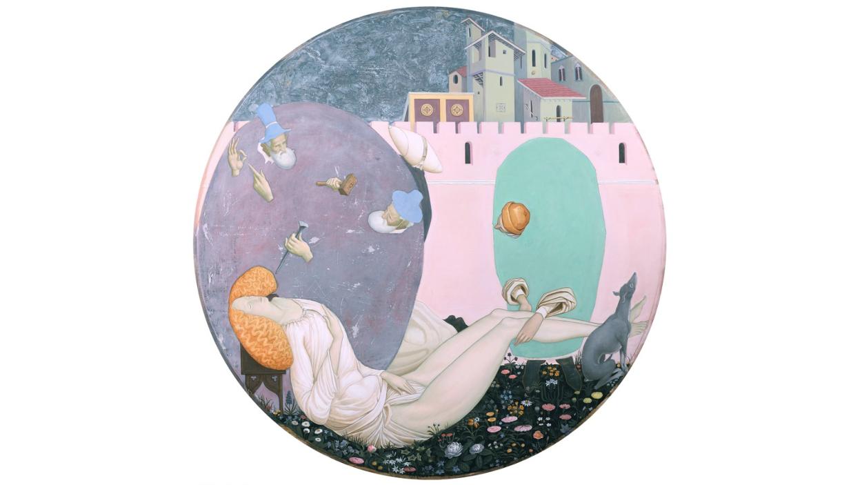 A circular painting depicting an unconscious woman being scrutinized by three grey bearded men whose heads and hands protrude from a purple and aqua circular form. One man holds an ice pick and mallet directed at the woman's skull, as a figure wearing a white oblong headdress watches. A grey dog sits at the woman's feet. A pink crenellated wall and city are visible in the background.