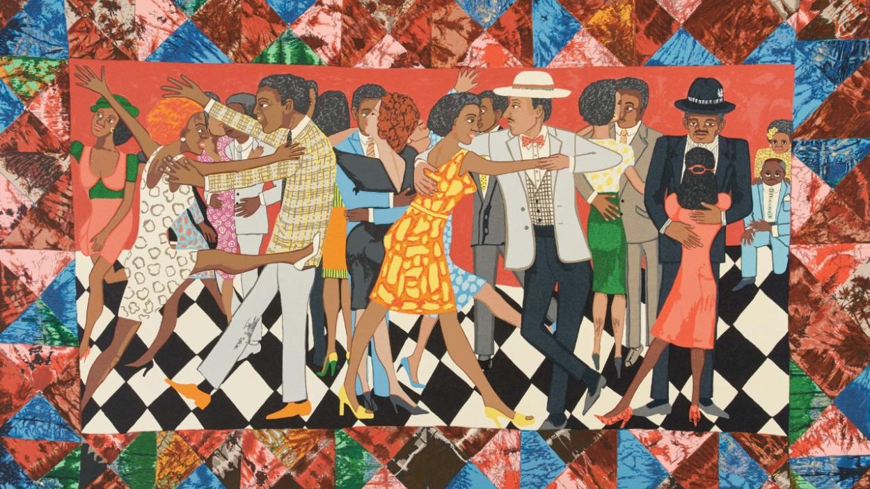 A painting of a crowd of dark skinned men and women, paired off and dancing with each other across a black and white checked tile floor. The women wear colorful knee length dresses and high heels and the men wear blazers and a few wear wide brimmed hats. A geometric border of burgundy, blue, green and pink triangles surrounds the scene