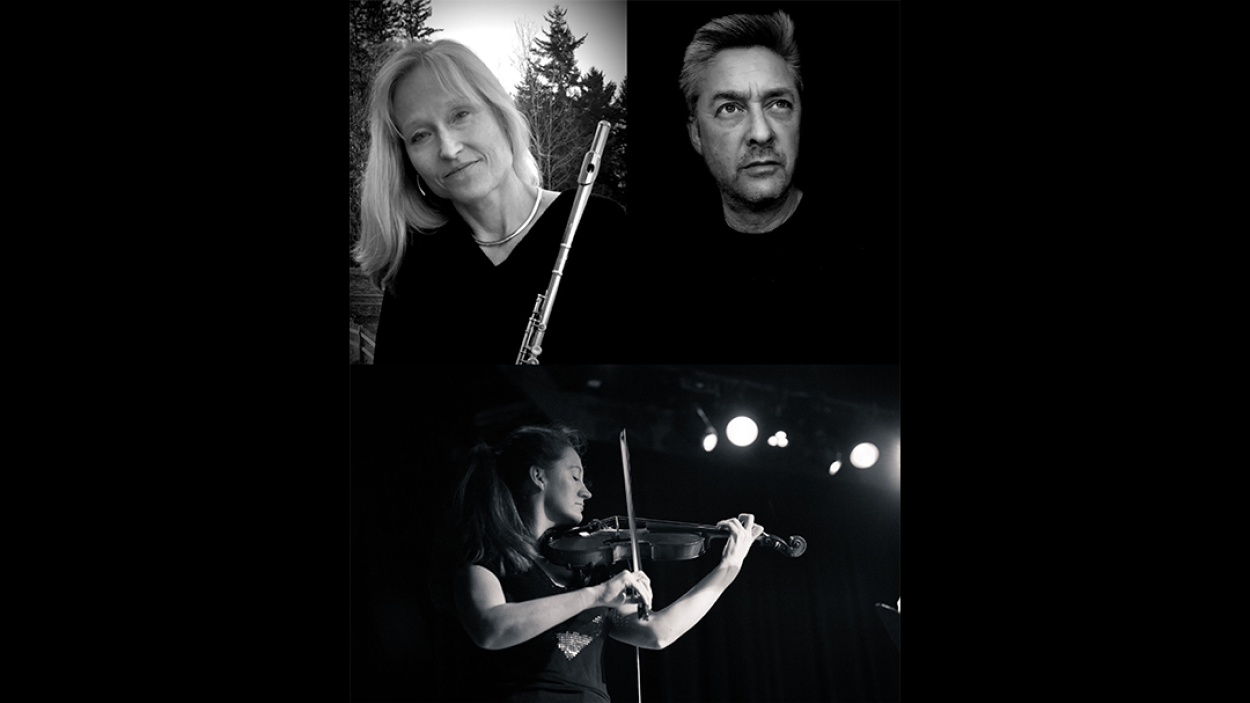 sunday_classical_vso_7_31.png Black and white images collages together of a light skinned woman with light hair holding a flute, a light skinned man with medium hair, and a light skinned woman with dark hair playing the violin.