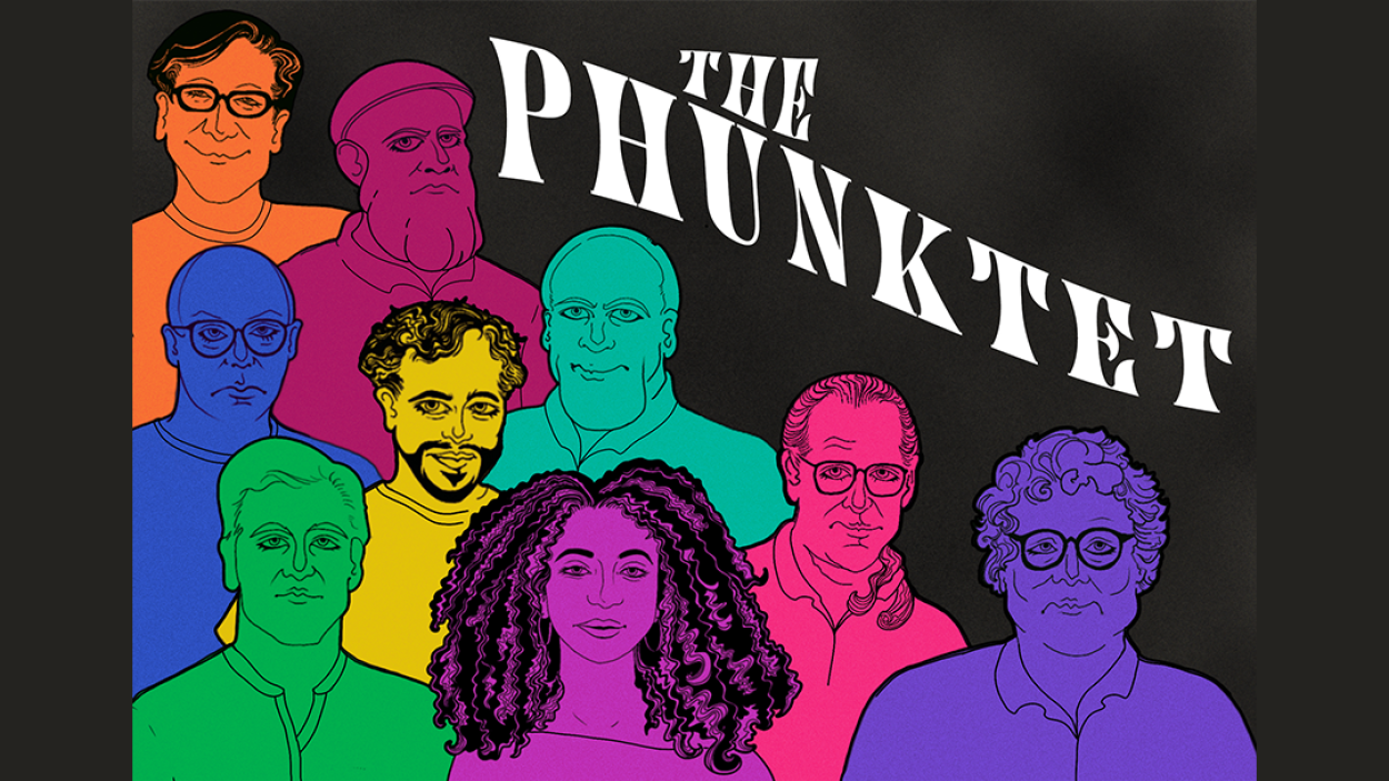 untitled-1.png A stylized illustration of seven men and one woman clustered together, seen from the shoulders up. Black lines define their features and each one is a different solid color – aqua, purple, blue, orange, green, dark red, magenta, and yellow. The background is dark grey abstract squiggles against black