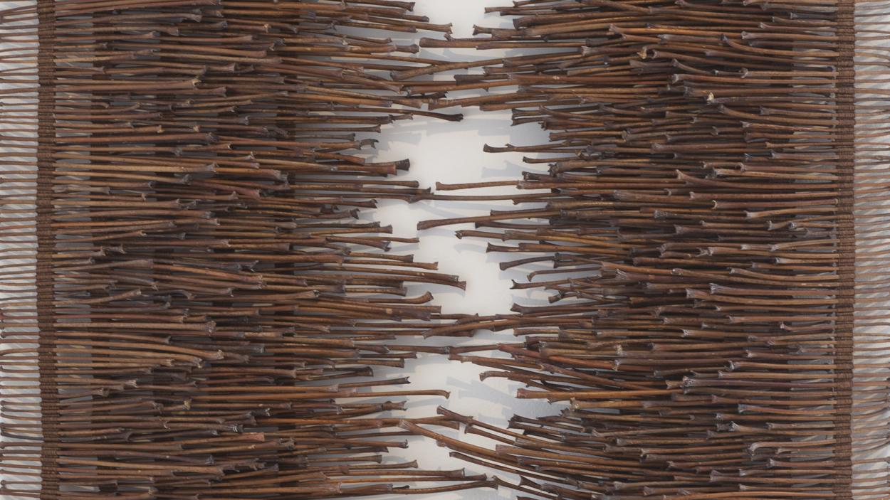 A photograph of a sculpture made from brown chestnut leaf stems woven together in a geometric pattern against a white backdrop