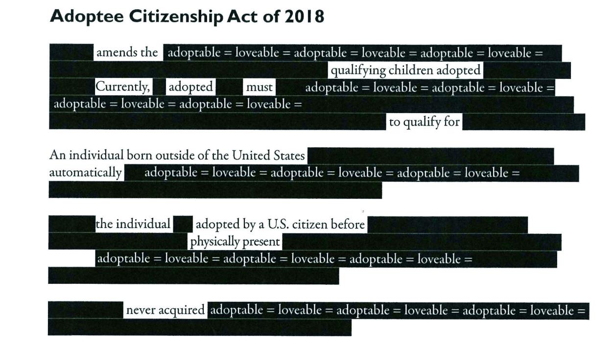 A image of a text based artwork. In black text on a white background the title says "Adoptee Citizenship Act of 2018." Below is text with words blacked out, as in redacted documents