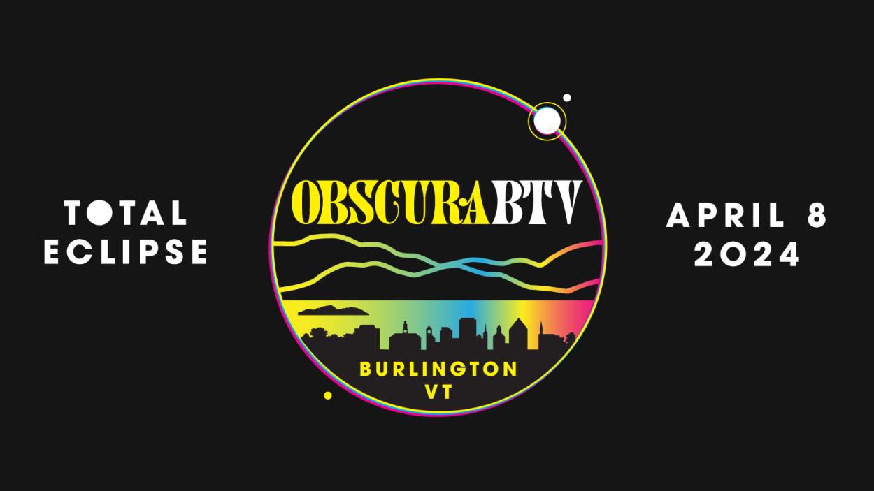 A visual graphic of an illuminated waterfront of downtown burlington and the mountains on a black background. Illumination created by a gradient. Graphic inspired by the classic city of Burlington logo.