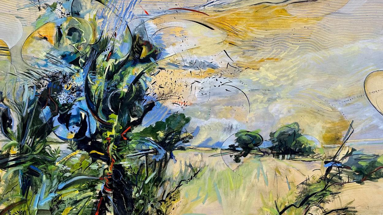 An abstract painting of a landscape, a tree like shape is infront with a yellow and blue sky in the background.