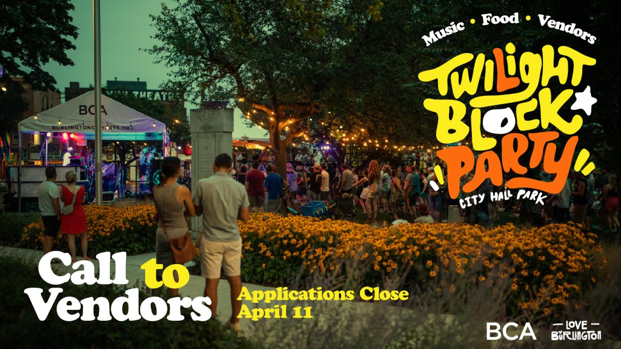 The Twilight Block Party Graphic calling vendors to apply with a scene of fun in the park behind the text