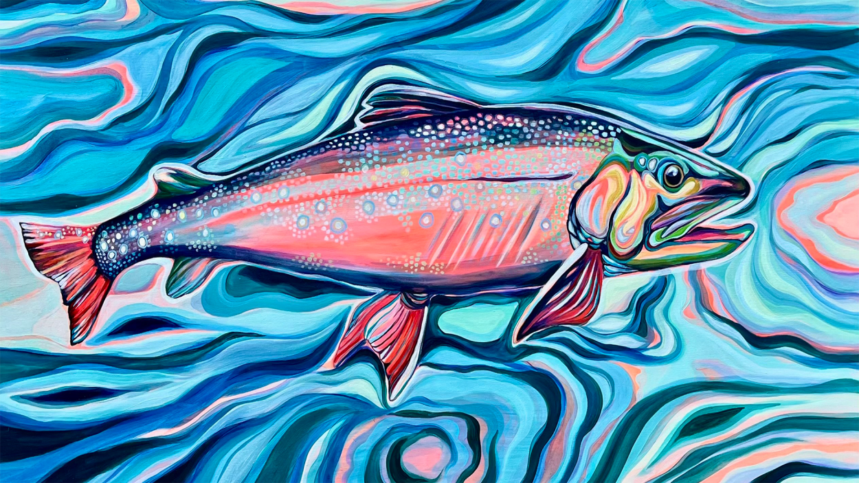 Leah Barranco's shimmering fish on wood panel