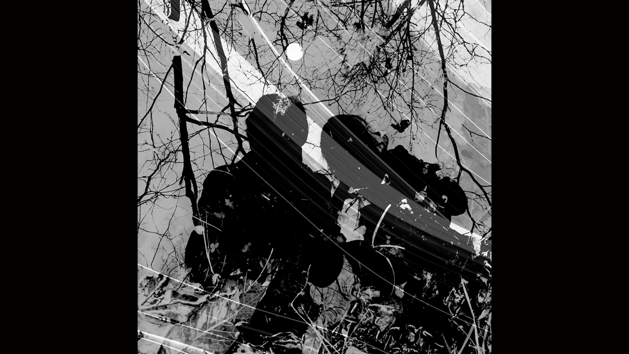 An abstract photograph of two figures, reflected in water with trees and the sun behind them as black silhouettes